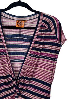 Tory Burch 100% Silk Magenta & Blue Striped Cap Sleeve Dress - Size XL